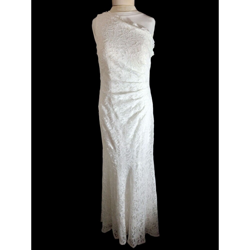 New DB STUDIO Floral Print White Lace Ons Shoulder Wedding Dress Sz 12 Ven Style